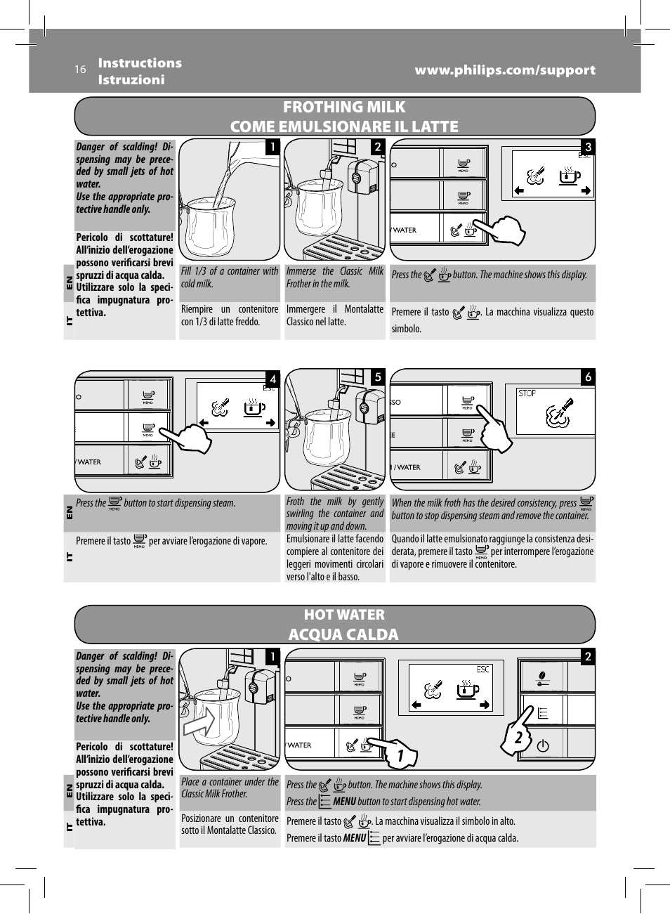 Frothing milk come emulsionare il latte, Acqua calda, Hot water | Philips Saeco Moltio Machine espresso Super Automatique User Manual | Page 16 / 60