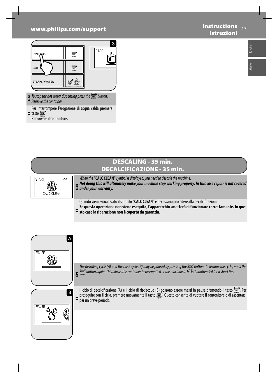 Descaling - 35 min. decalcificazione - 35 min | Philips Saeco Moltio Machine espresso Super Automatique User Manual | Page 17 / 60