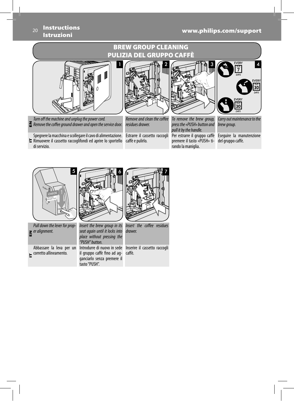 Brew group cleaning pulizia del gruppo caffè | Philips Saeco Moltio Machine espresso Super Automatique User Manual | Page 20 / 60