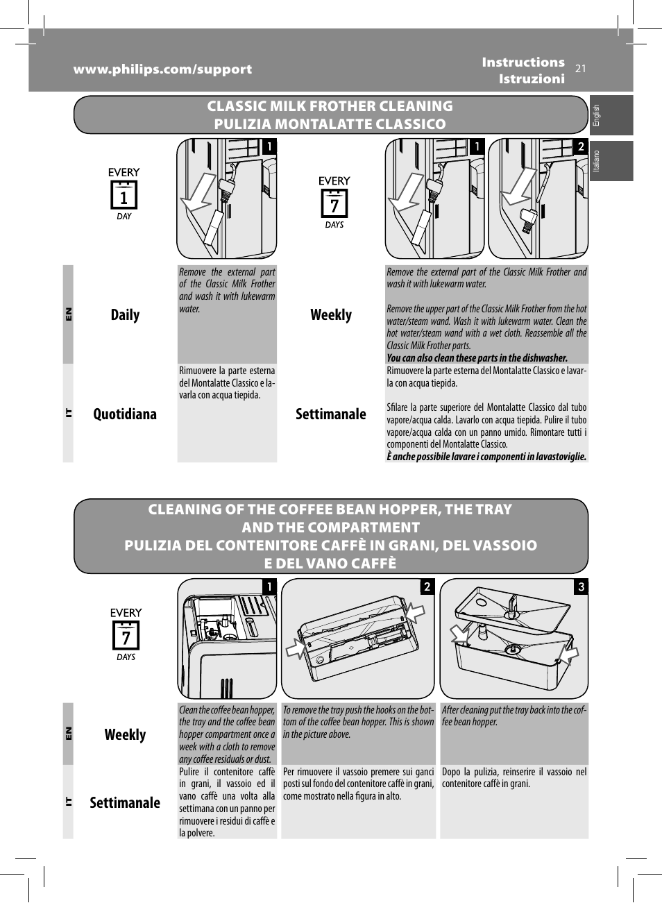 Daily, Weekly, Quotidiana | Settimanale | Philips Saeco Moltio Machine espresso Super Automatique User Manual | Page 21 / 60