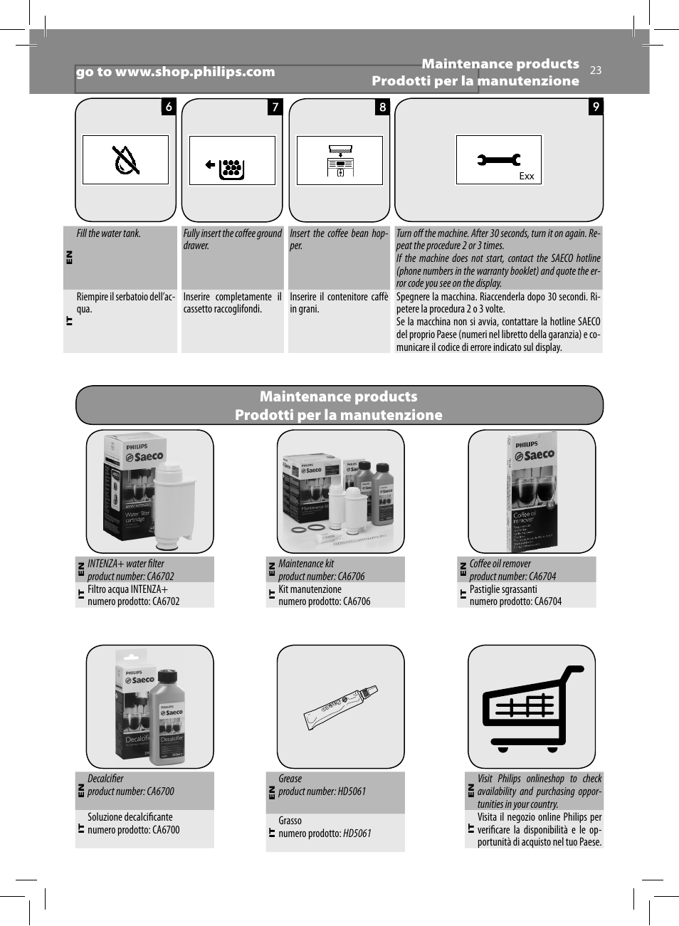 Maintenance products prodotti per la manutenzione | Philips Saeco Moltio Machine espresso Super Automatique User Manual | Page 23 / 60