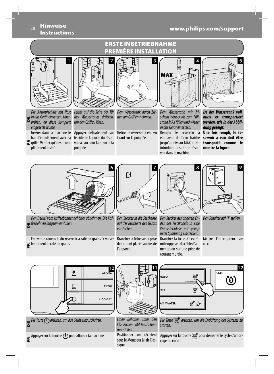 Erste inbetriebnahme première installation | Philips Saeco Moltio Machine espresso Super Automatique User Manual | Page 28 / 60