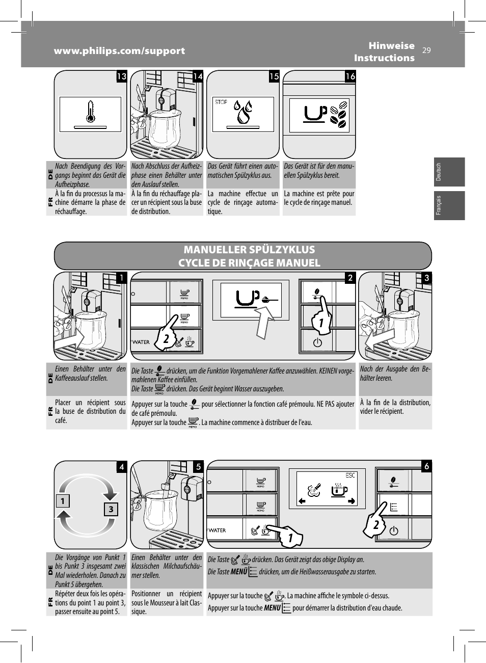 Manueller spülzyklus cycle de rinçage manuel | Philips Saeco Moltio Machine espresso Super Automatique User Manual | Page 29 / 60