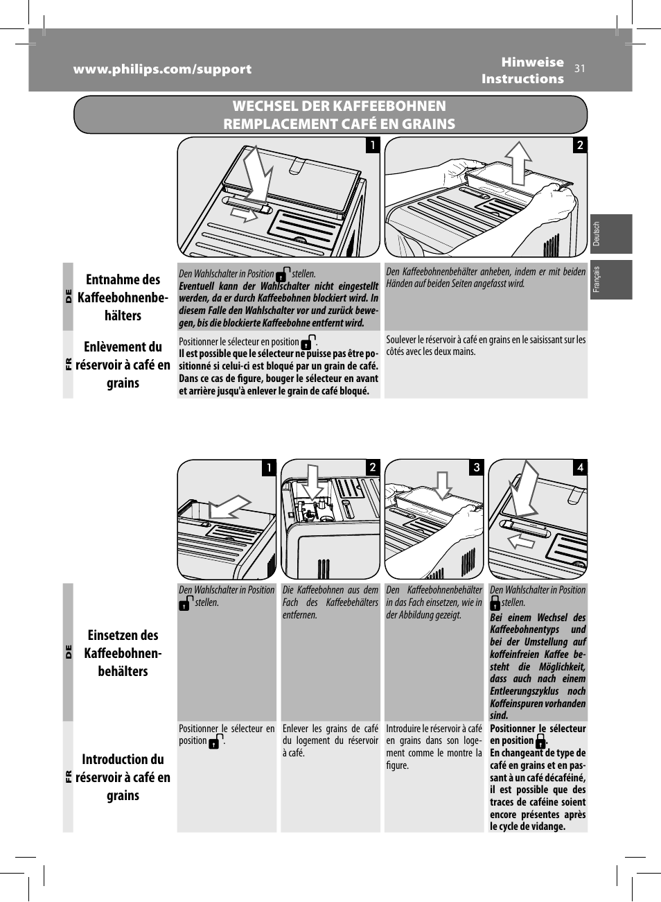 Entnahme des kaff eebohnenbe- hälters, Enlèvement du réservoir à café en grains, Einsetzen des kaff eebohnen- behälters | Introduction du réservoir à café en grains | Philips Saeco Moltio Machine espresso Super Automatique User Manual | Page 31 / 60