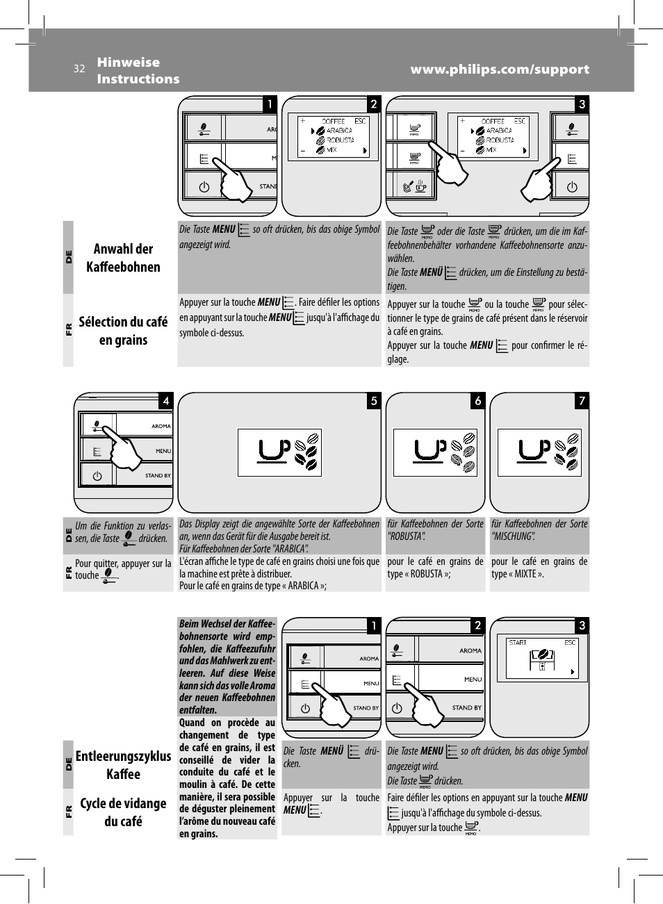 Anwahl der kaff eebohnen, Sélection du café en grains, Entleerungszyklus kaff ee | Cycle de vidange du café | Philips Saeco Moltio Machine espresso Super Automatique User Manual | Page 32 / 60