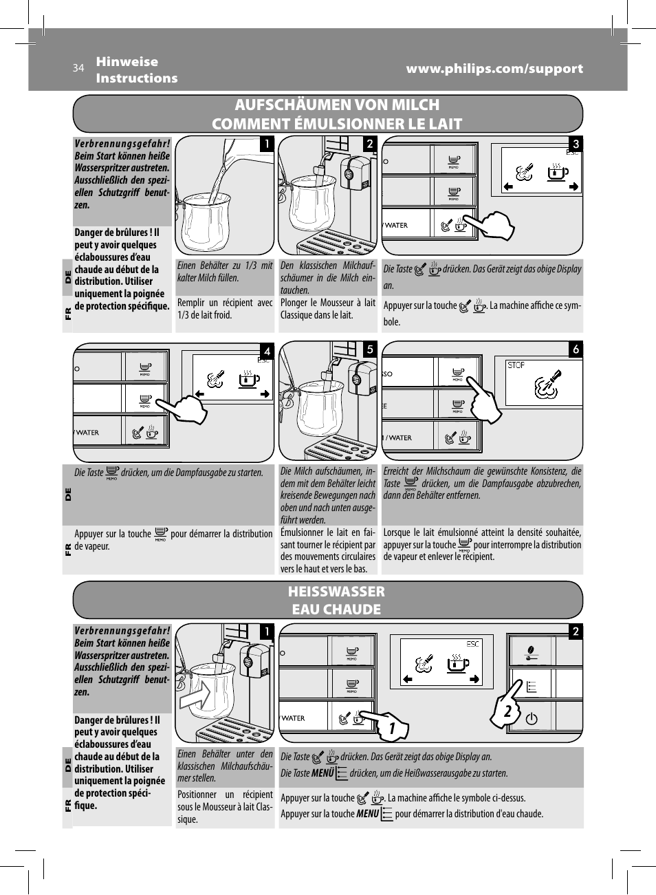 Aufschäumen von milch comment émulsionner le lait, Heisswasser eau chaude | Philips Saeco Moltio Machine espresso Super Automatique User Manual | Page 34 / 60