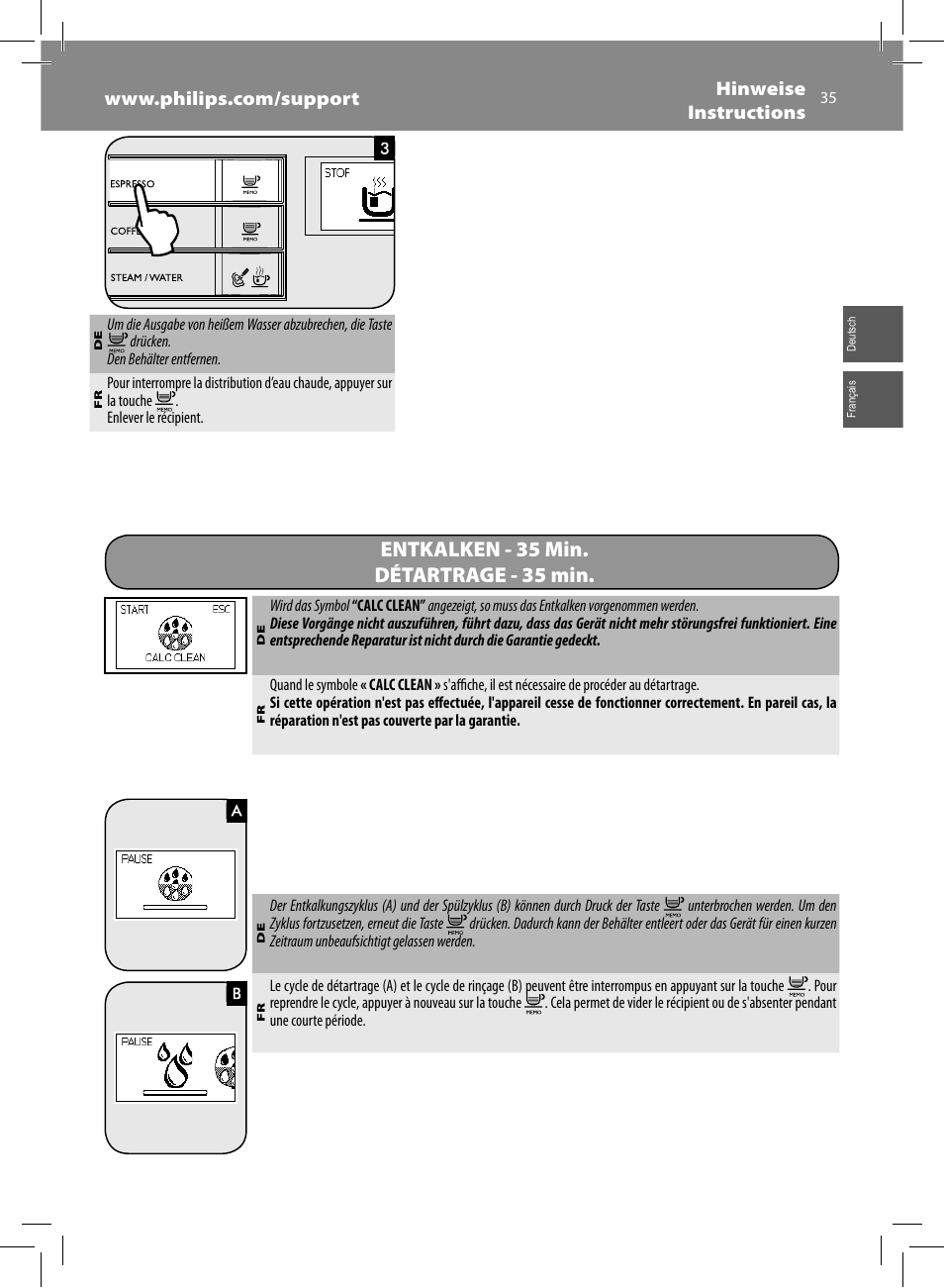 Entkalken - 35 min. détartrage - 35 min | Philips Saeco Moltio Machine espresso Super Automatique User Manual | Page 35 / 60