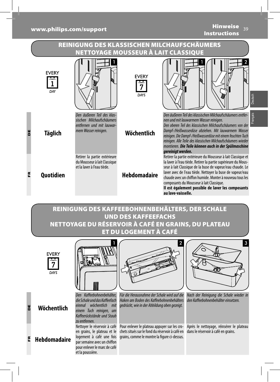 Täglich, Wöchentlich, Quotidien | Hebdomadaire | Philips Saeco Moltio Machine espresso Super Automatique User Manual | Page 39 / 60