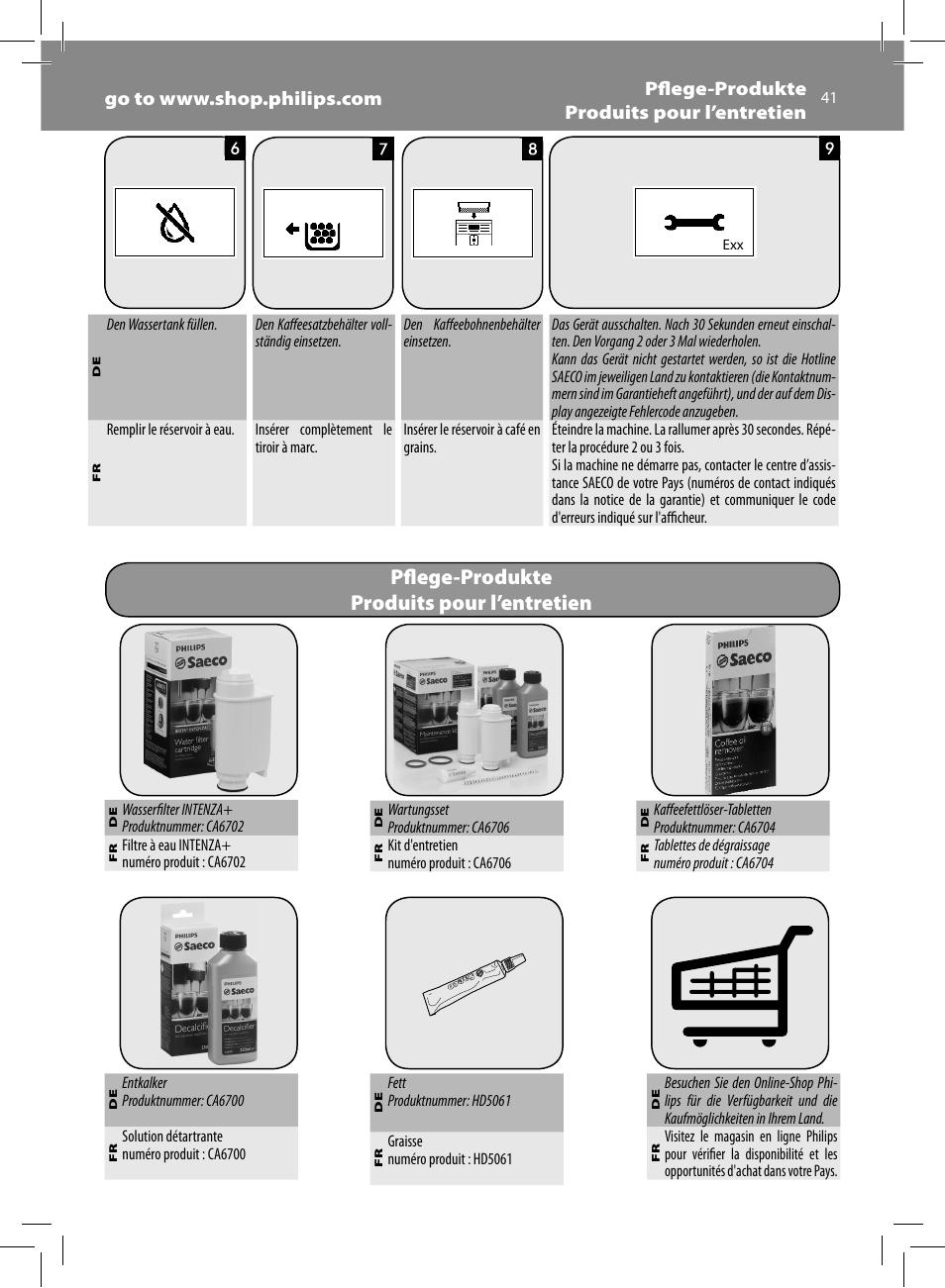 Pfl ege-produkte produits pour l’entretien | Philips Saeco Moltio Machine espresso Super Automatique User Manual | Page 41 / 60