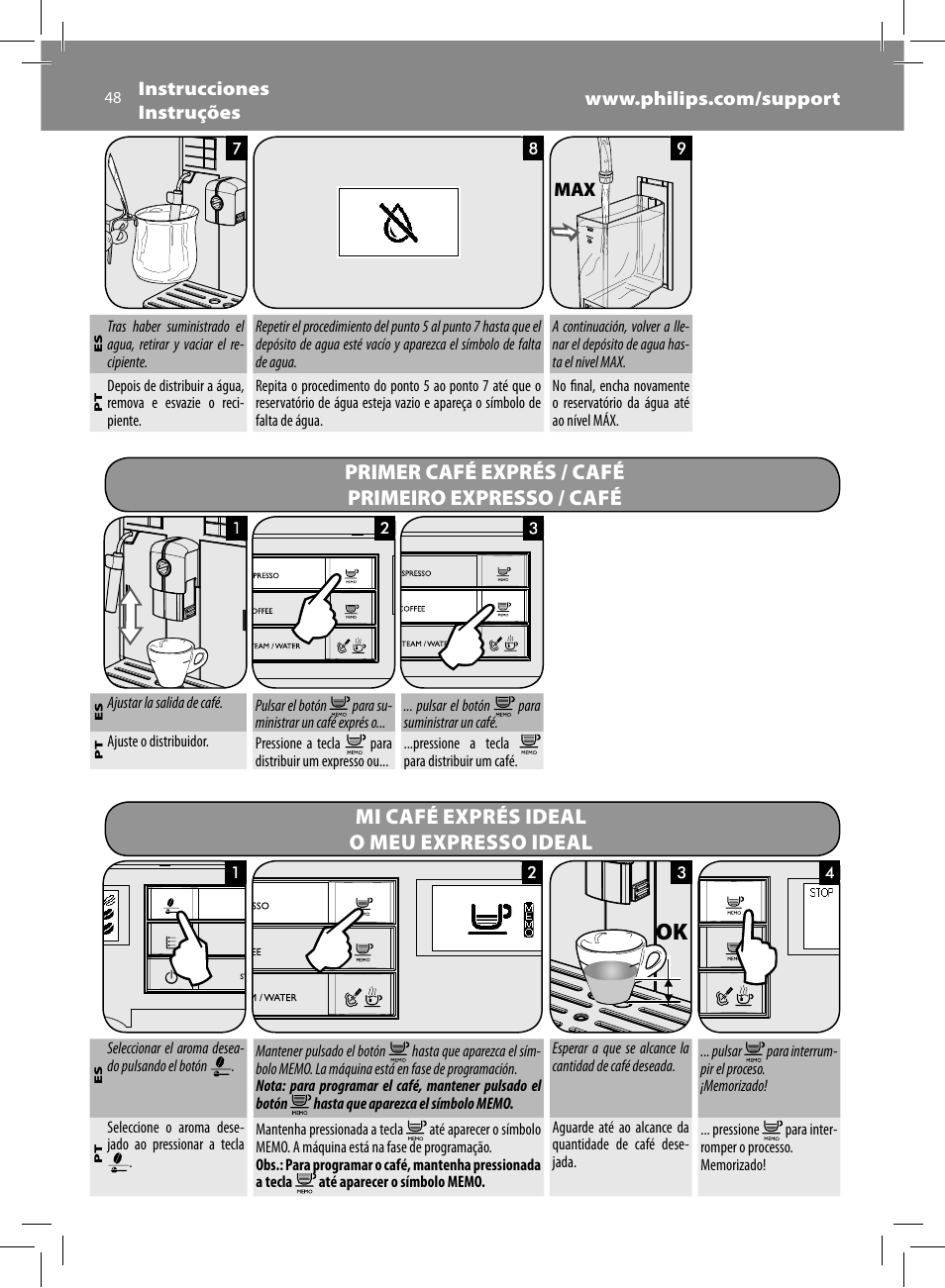 Primer café exprés / café primeiro expresso / café, Mi café exprés ideal o meu expresso ideal | Philips Saeco Moltio Machine espresso Super Automatique User Manual | Page 48 / 60