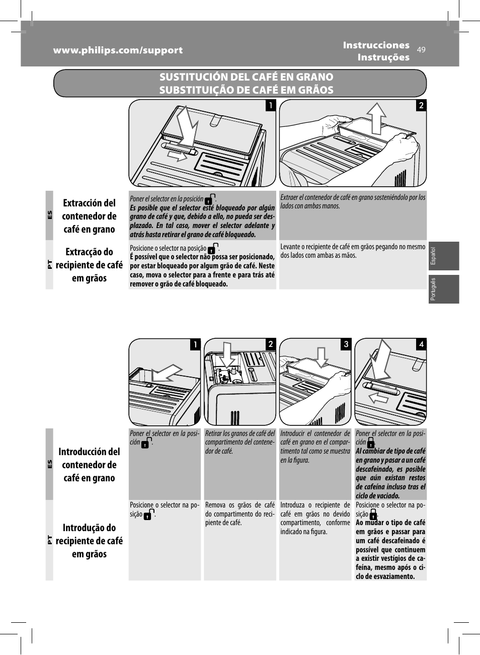 Extracción del contenedor de café en grano, Extracção do recipiente de café em grãos, Introducción del contenedor de café en grano | Introdução do recipiente de café em grãos | Philips Saeco Moltio Machine espresso Super Automatique User Manual | Page 49 / 60