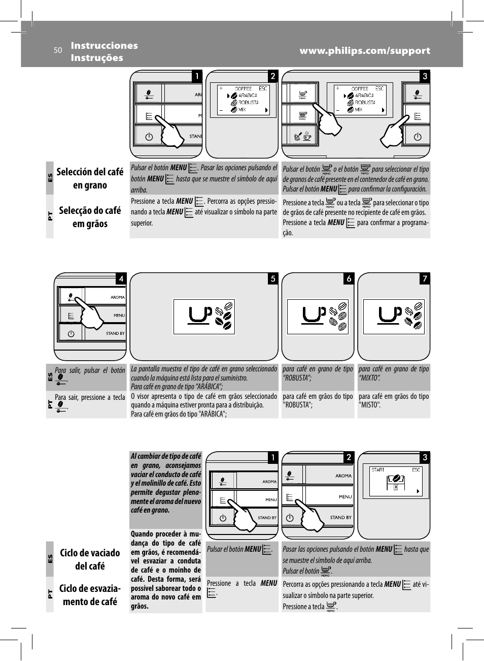 Selección del café en grano, Selecção do café em grãos, Ciclo de vaciado del café | Ciclo de esvazia- mento de café | Philips Saeco Moltio Machine espresso Super Automatique User Manual | Page 50 / 60