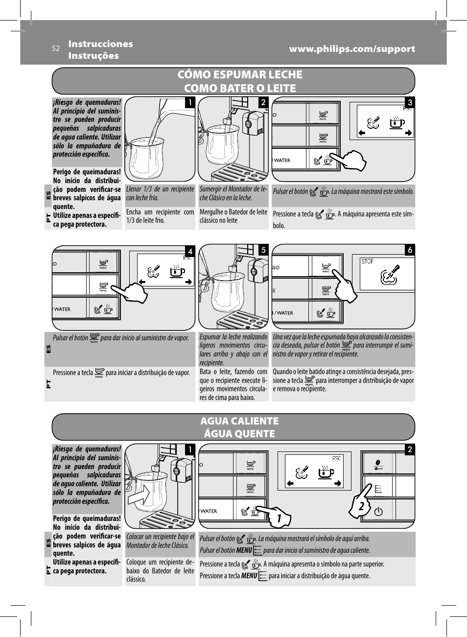 Cómo espumar leche como bater o leite, Agua caliente água quente | Philips Saeco Moltio Machine espresso Super Automatique User Manual | Page 52 / 60