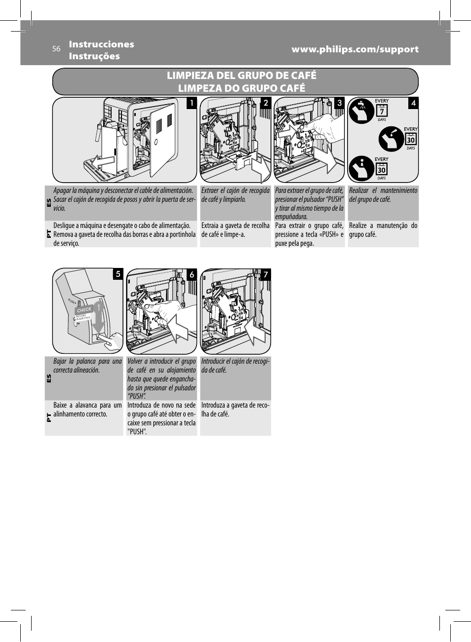 Limpieza del grupo de café limpeza do grupo café | Philips Saeco Moltio Machine espresso Super Automatique User Manual | Page 56 / 60