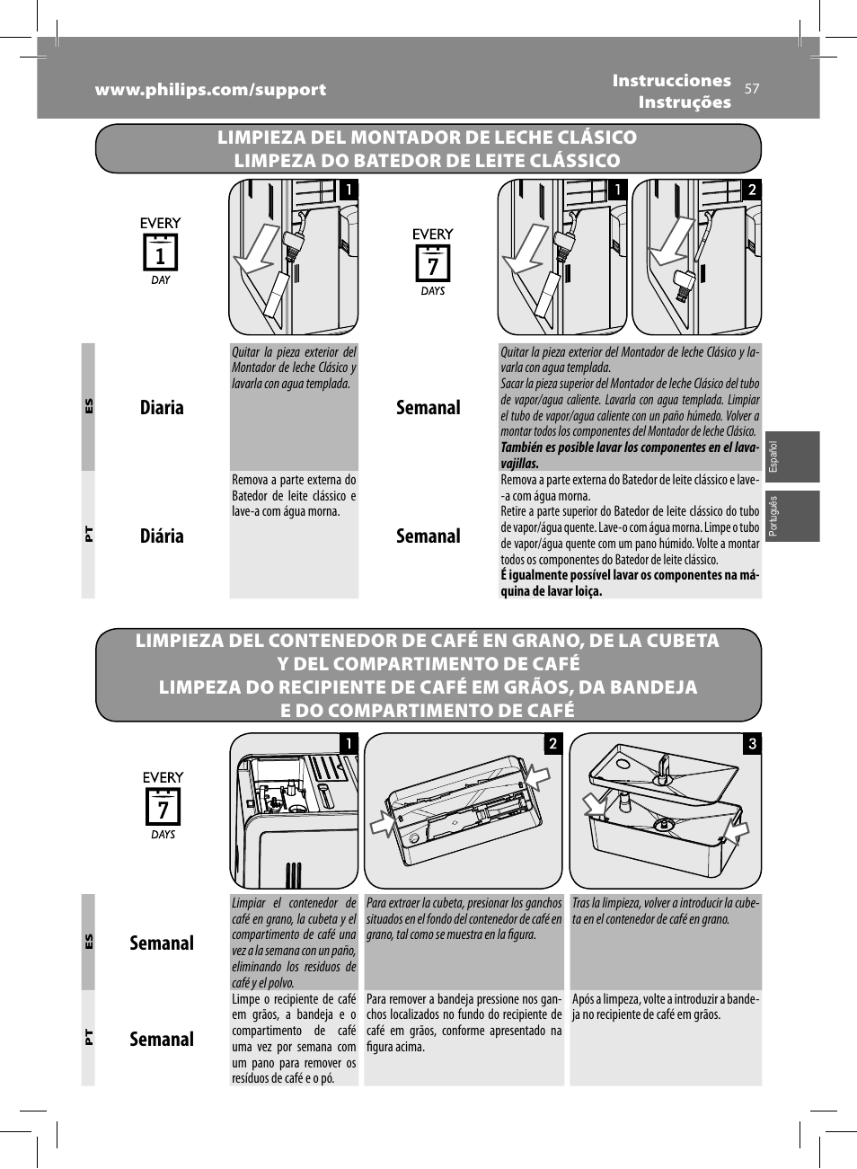 Diaria, Semanal, Diária | Philips Saeco Moltio Machine espresso Super Automatique User Manual | Page 57 / 60