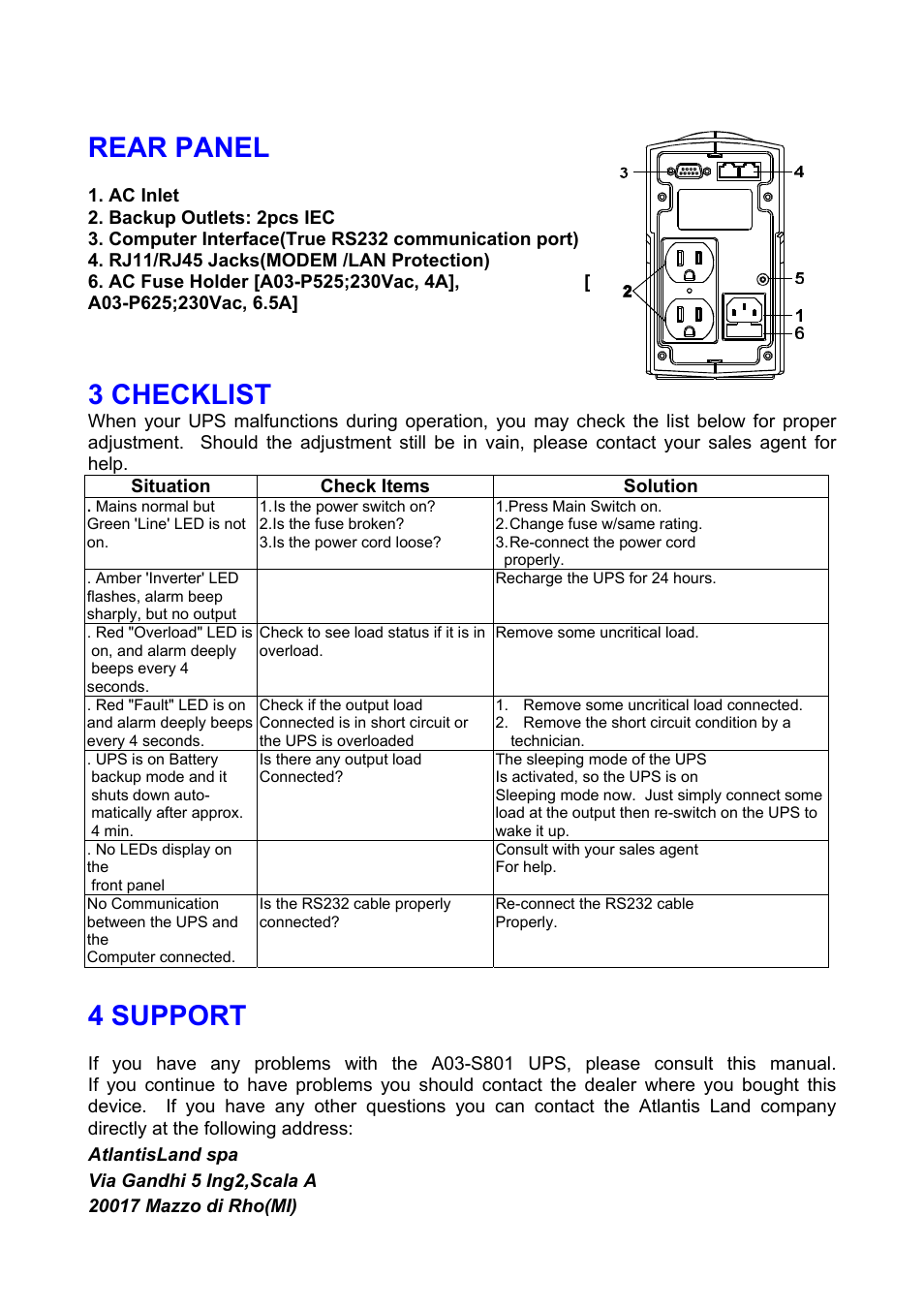 Rear panel, 3 checklist, 4 support | Atlantis A03-P625 User Manual | Page 12 / 17