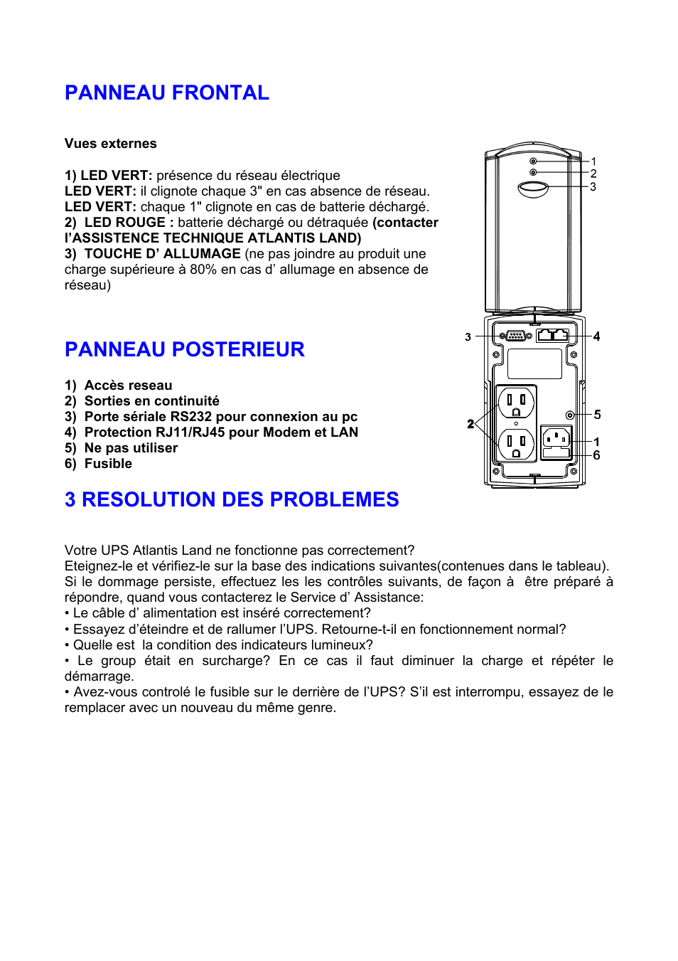 Panneau frontal, Panneau posterieur, 3 resolution des problemes | Atlantis A03-P625 User Manual | Page 16 / 17