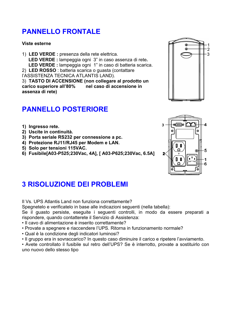 Pannello frontale, Pannello posteriore, 3 risoluzione dei problemi | Atlantis A03-P625 User Manual | Page 4 / 17