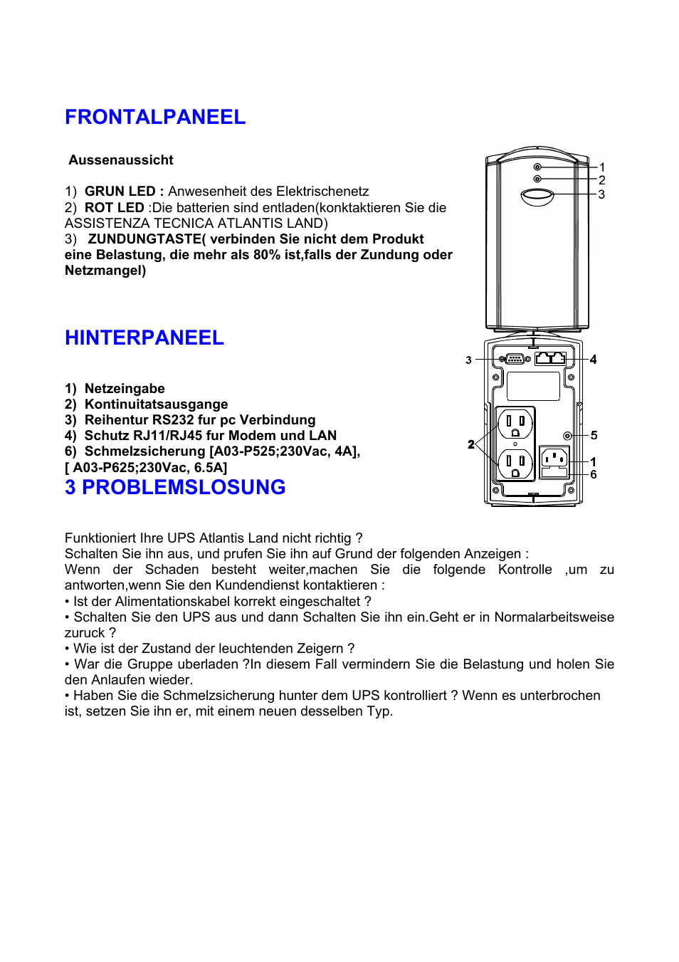 Frontalpaneel, Hinterpaneel, 3 problemslosung | Atlantis A03-P625 User Manual | Page 8 / 17
