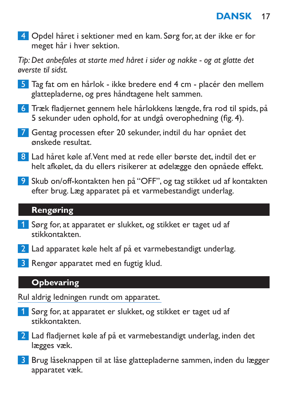 Rengøring, Opbevaring | Philips Lisseur User Manual | Page 17 / 104