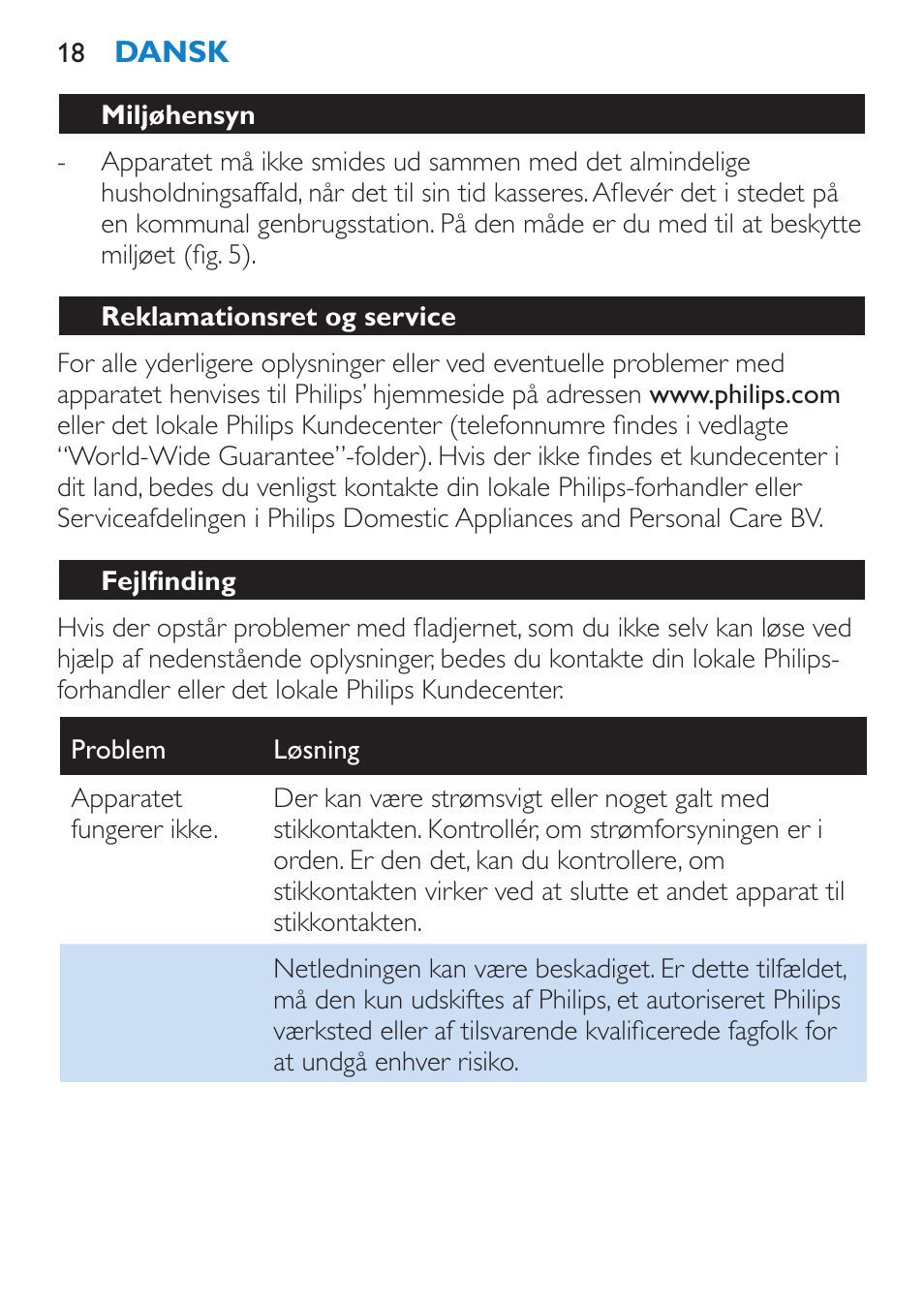 Miljøhensyn, Reklamationsret og service, Fejlfinding | Philips Lisseur User Manual | Page 18 / 104