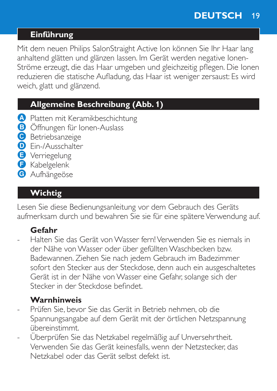 Gefahr, Warnhinweis, Deutsch | Einführung, Allgemeine beschreibung (abb. 1), Wichtig | Philips Lisseur User Manual | Page 19 / 104