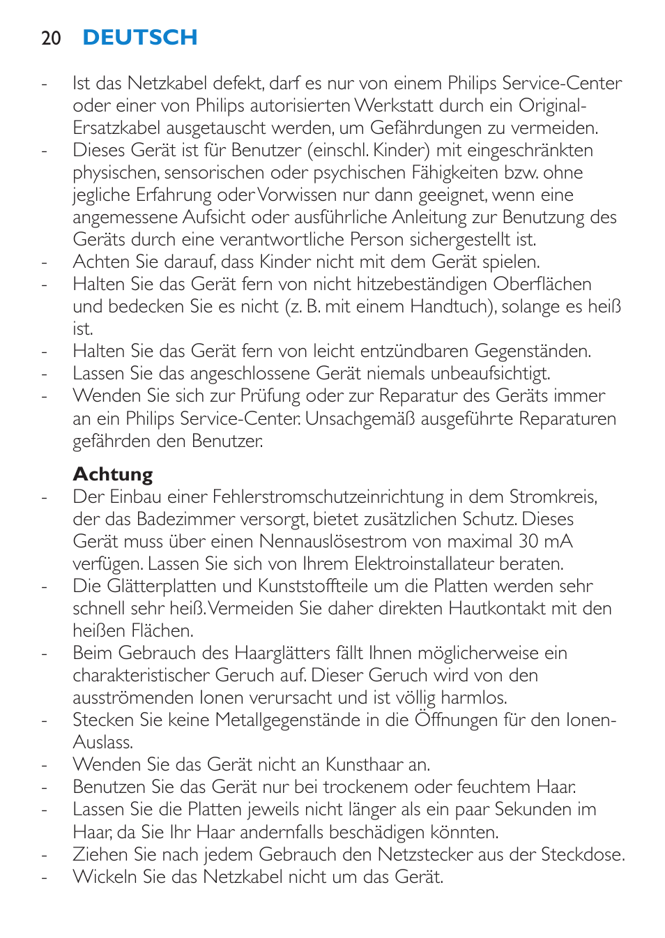 Achtung | Philips Lisseur User Manual | Page 20 / 104