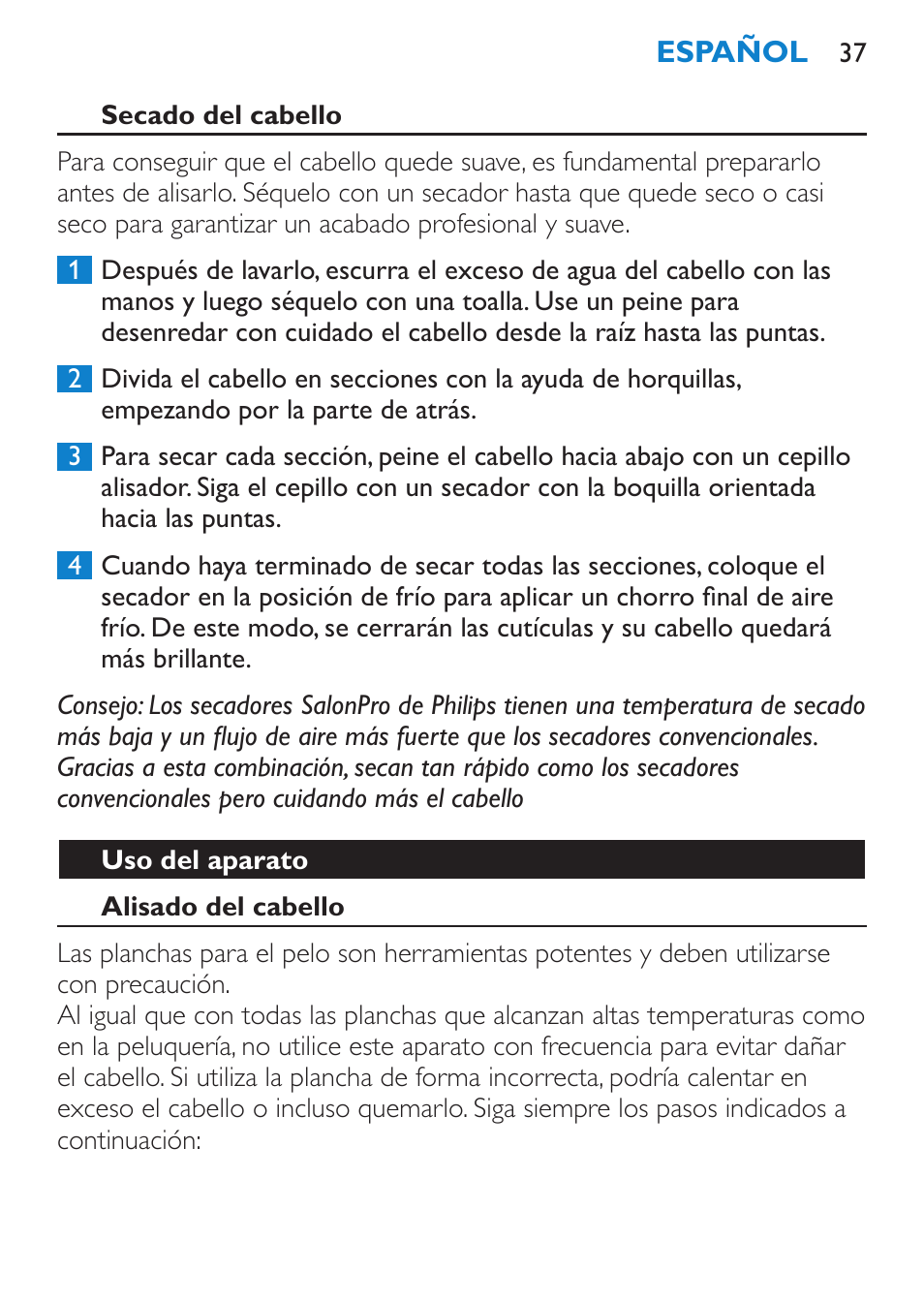 Secado del cabello, Uso del aparato, Alisado del cabello | Philips Lisseur User Manual | Page 37 / 104