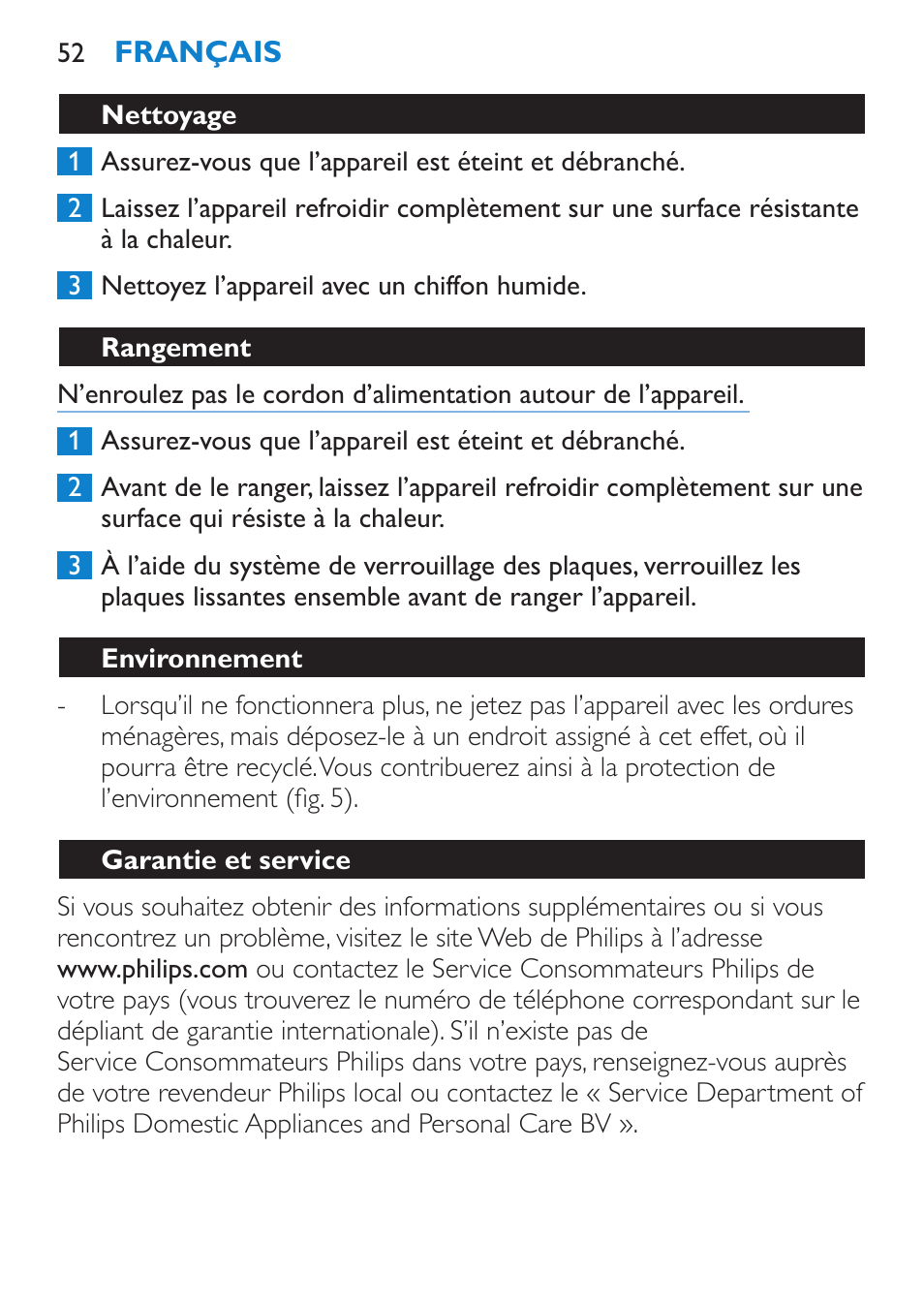 Rangement, Environnement, Garantie et service | Dépannage | Philips Lisseur User Manual | Page 52 / 104