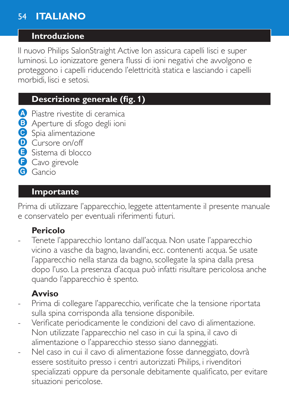 Pericolo, Avviso, Italiano | Introduzione, Descrizione generale (fig. 1), Importante | Philips Lisseur User Manual | Page 54 / 104