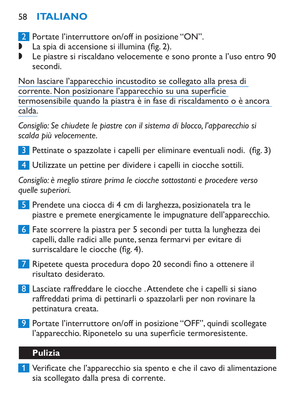 Pulizia | Philips Lisseur User Manual | Page 58 / 104