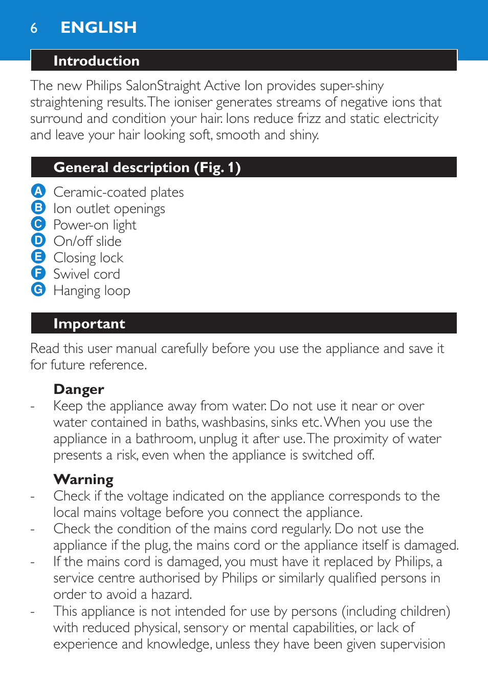 English, Introduction, General description (fig. 1) | Important, Danger, Warning | Philips Lisseur User Manual | Page 6 / 104