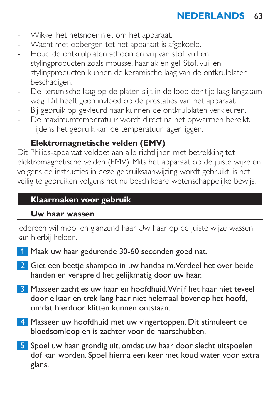 Elektromagnetische velden (emv), Klaarmaken voor gebruik, Uw haar wassen | Philips Lisseur User Manual | Page 63 / 104