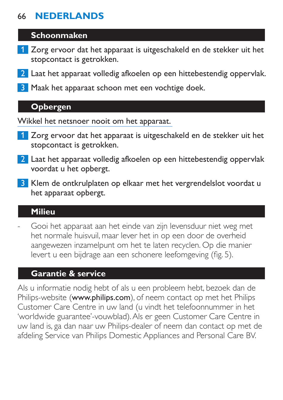 Schoonmaken, Opbergen, Milieu | Garantie & service | Philips Lisseur User Manual | Page 66 / 104