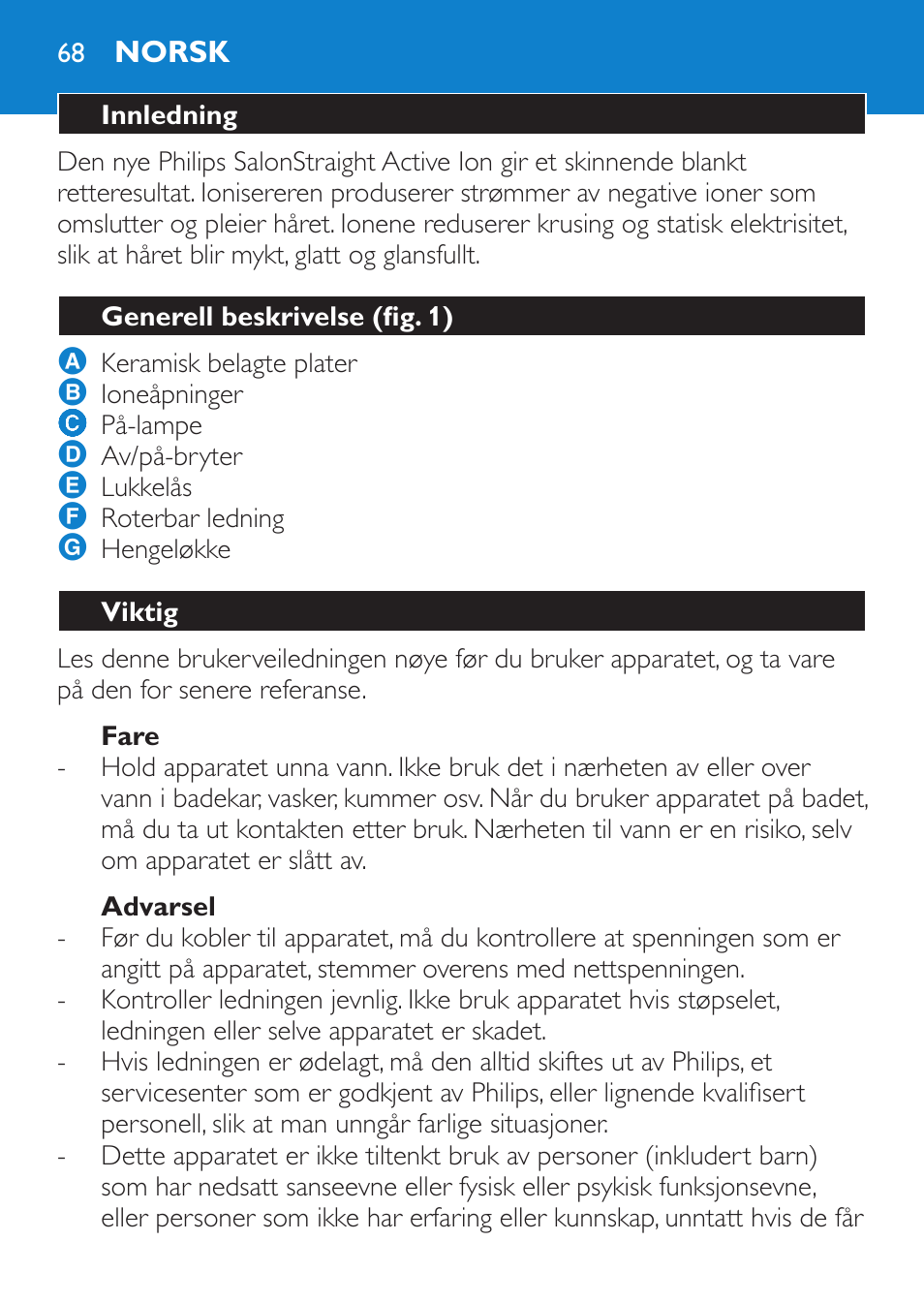 Fare, Advarsel, Norsk | Innledning, Generell beskrivelse (fig. 1), Viktig | Philips Lisseur User Manual | Page 68 / 104