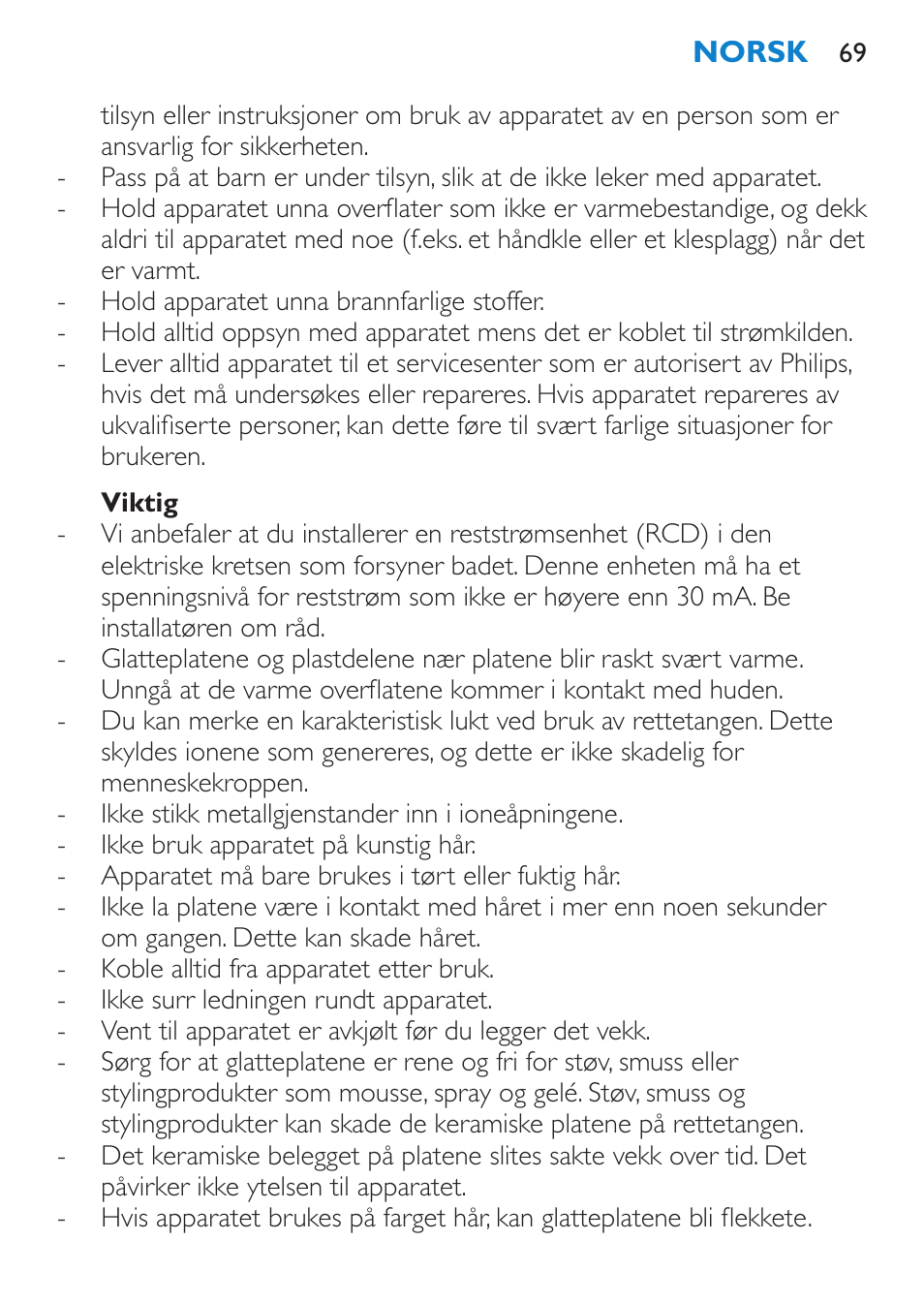 Viktig | Philips Lisseur User Manual | Page 69 / 104