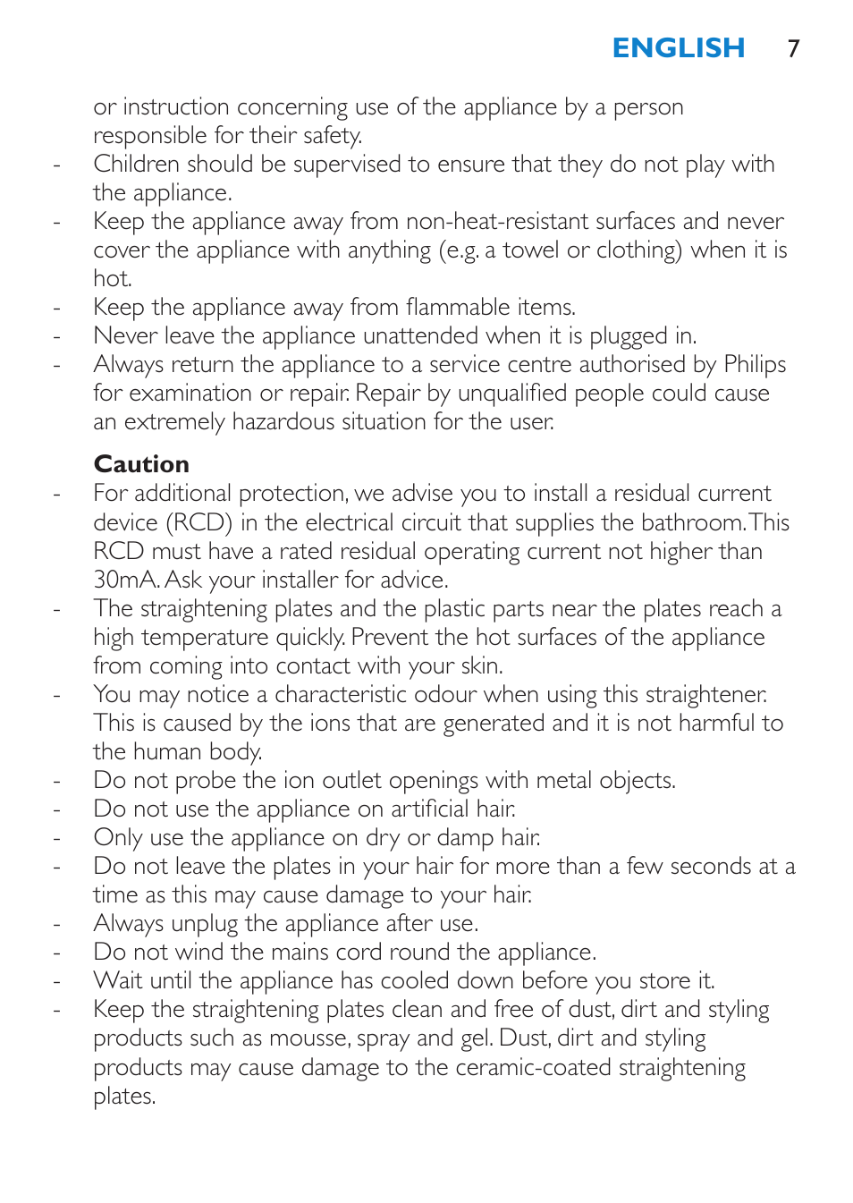 Caution | Philips Lisseur User Manual | Page 7 / 104