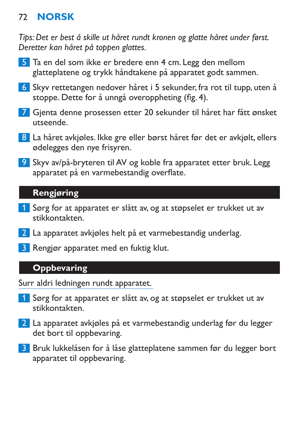 Rengjøring, Oppbevaring | Philips Lisseur User Manual | Page 72 / 104