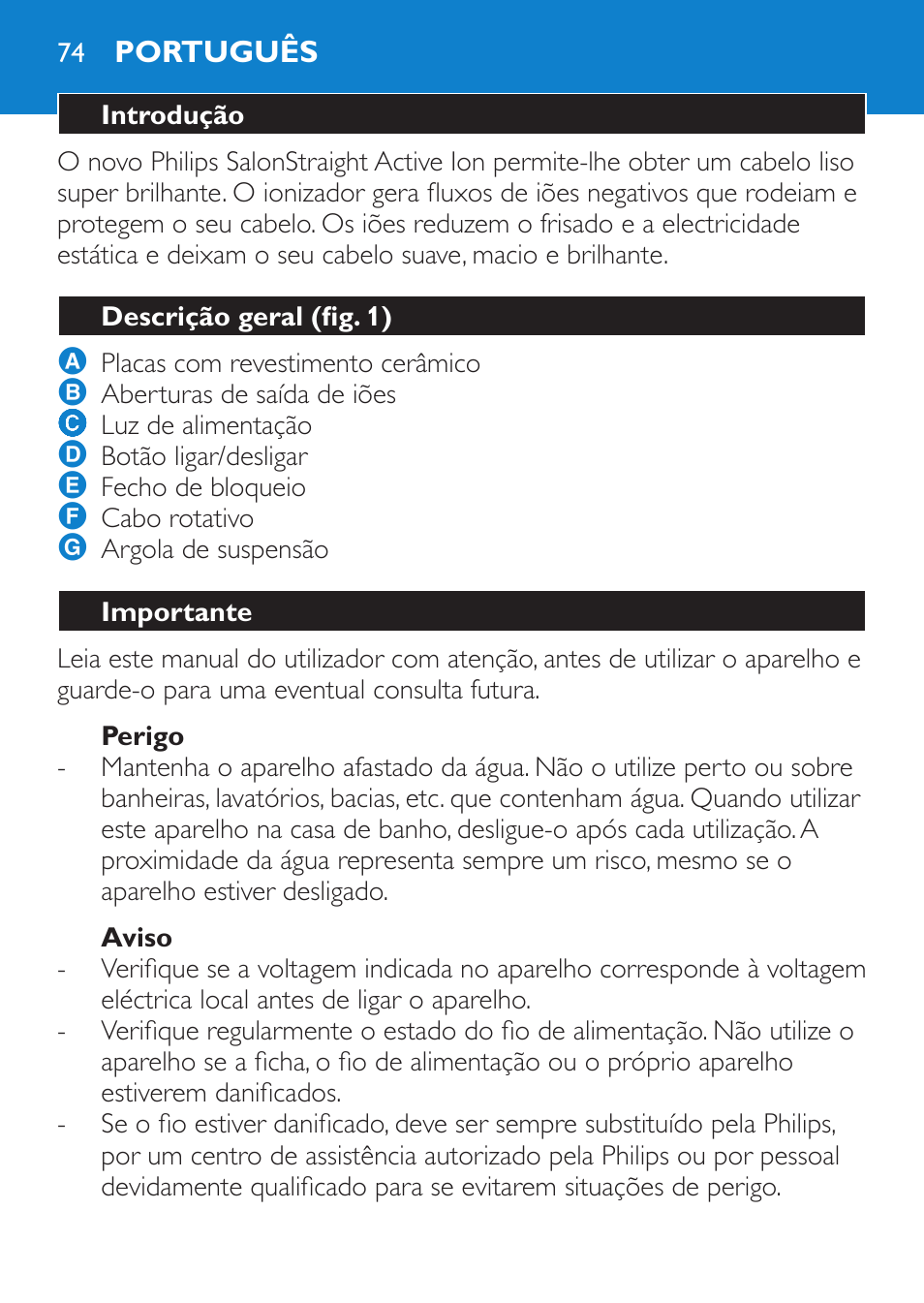 Perigo, Aviso, Português | Introdução, Descrição geral (fig. 1), Importante | Philips Lisseur User Manual | Page 74 / 104