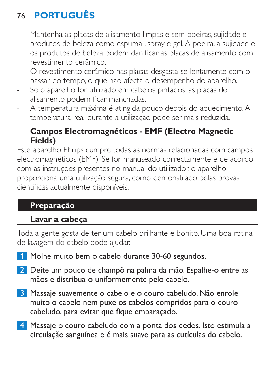 Preparação, Lavar a cabeça | Philips Lisseur User Manual | Page 76 / 104