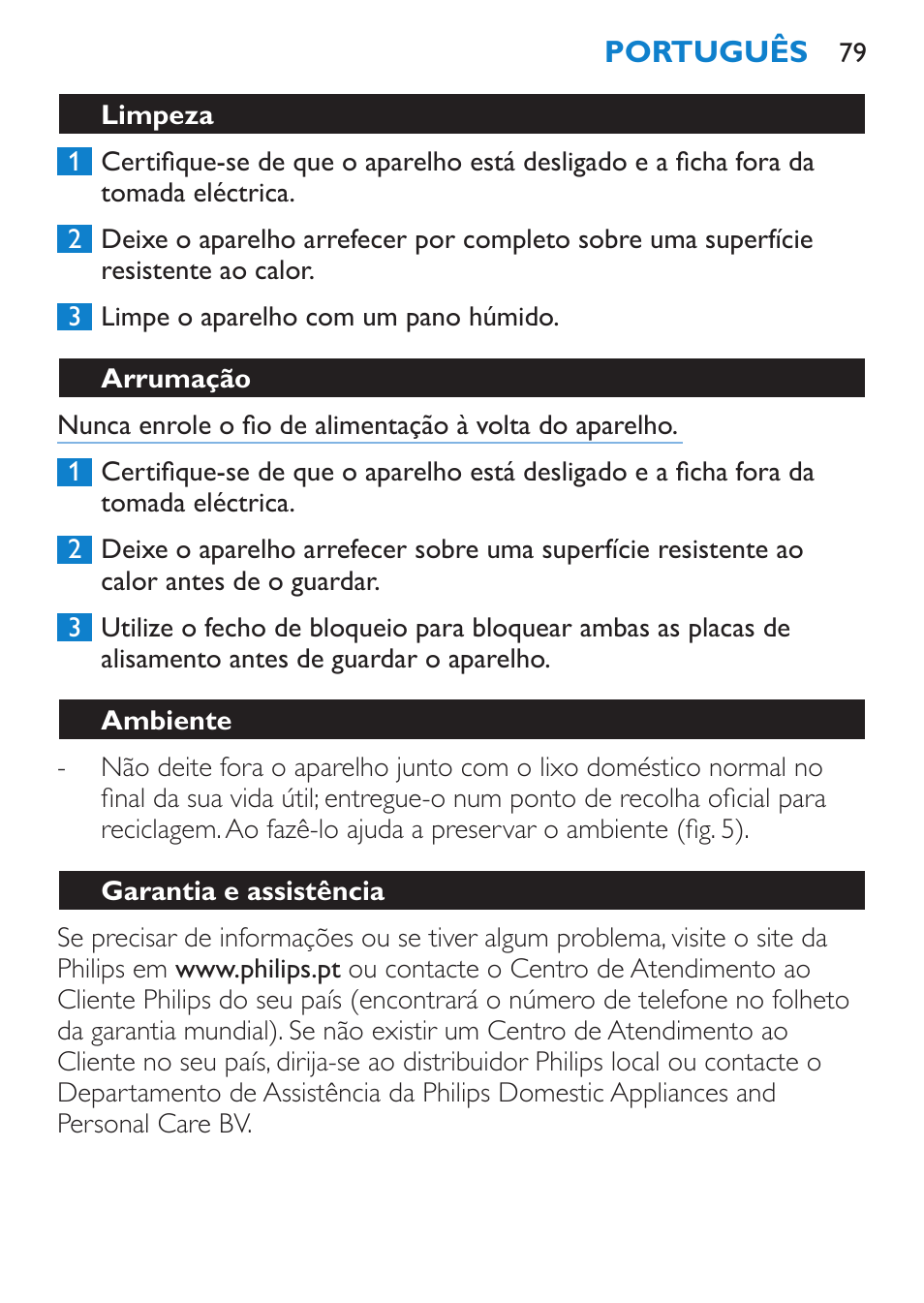 Limpeza, Arrumação, Ambiente | Garantia e assistência | Philips Lisseur User Manual | Page 79 / 104