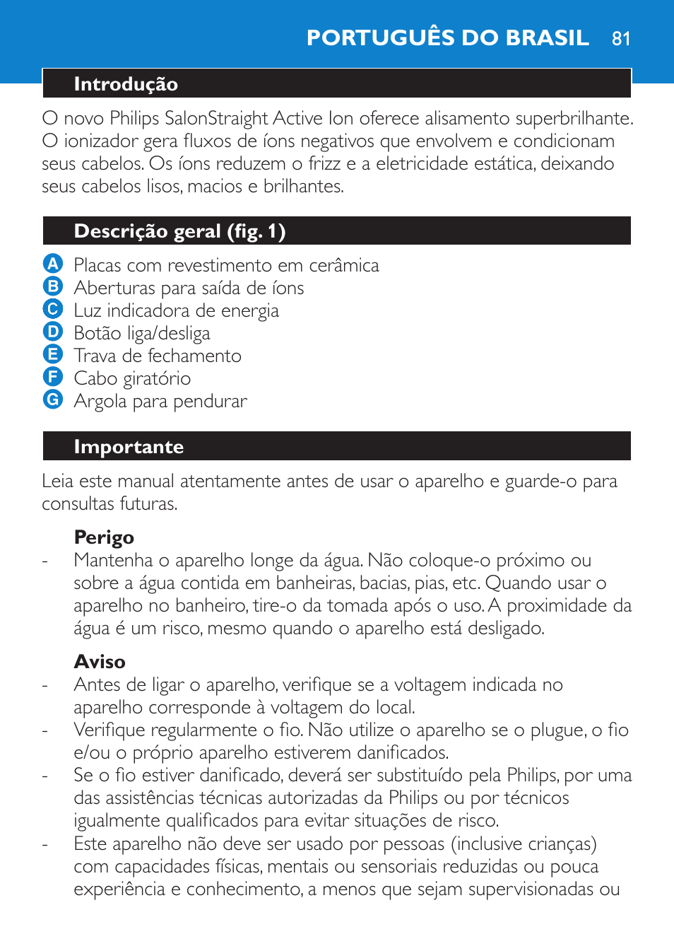 Perigo, Aviso, Português do brasil | Introdução, Descrição geral (fig. 1), Importante | Philips Lisseur User Manual | Page 81 / 104