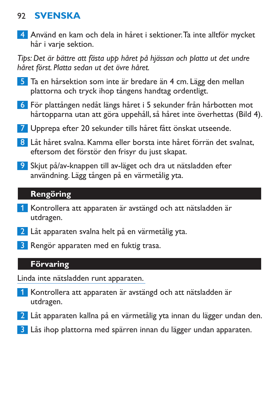 Rengöring, Förvaring | Philips Lisseur User Manual | Page 92 / 104