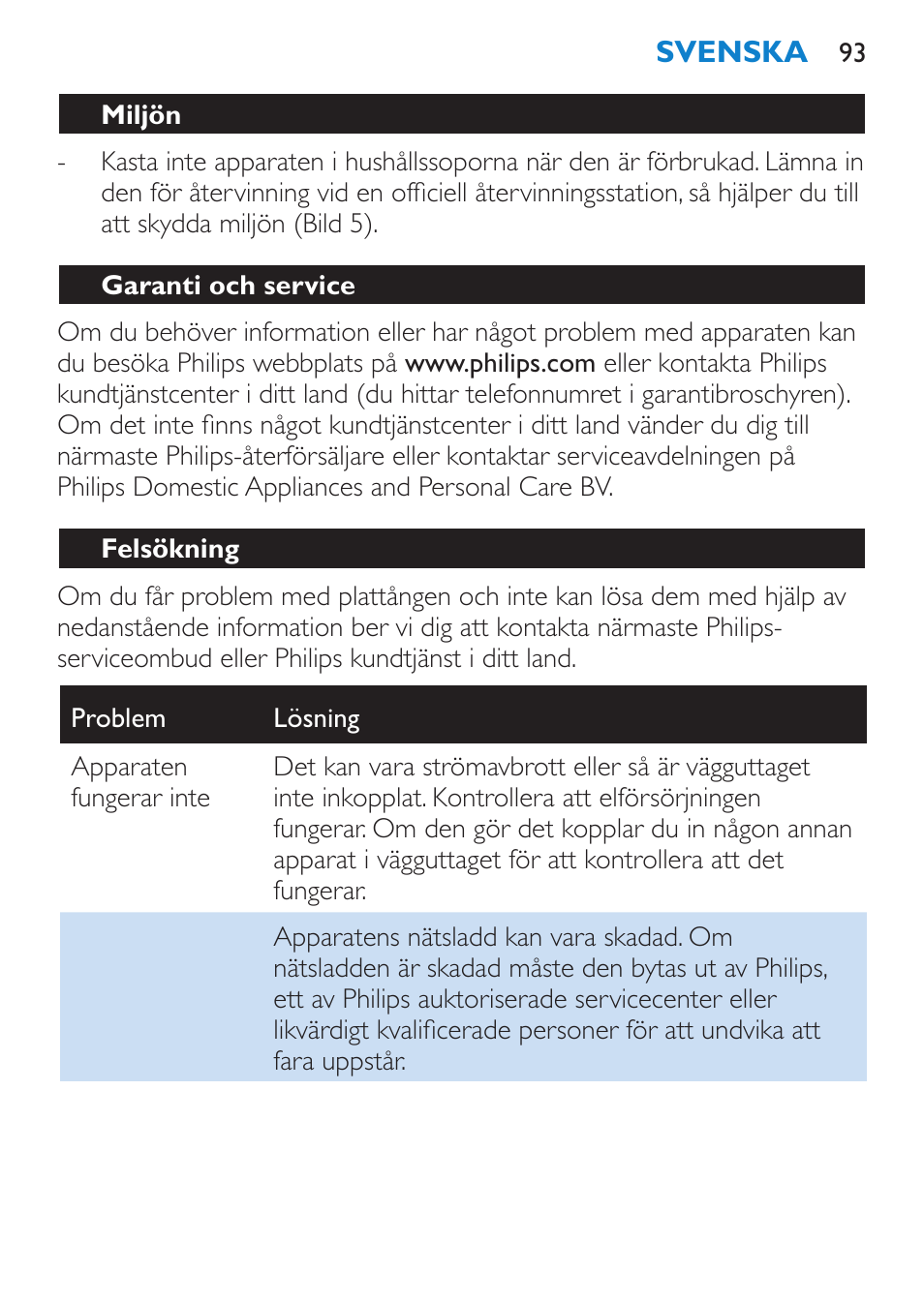 Miljön, Garanti och service, Felsökning | Philips Lisseur User Manual | Page 93 / 104