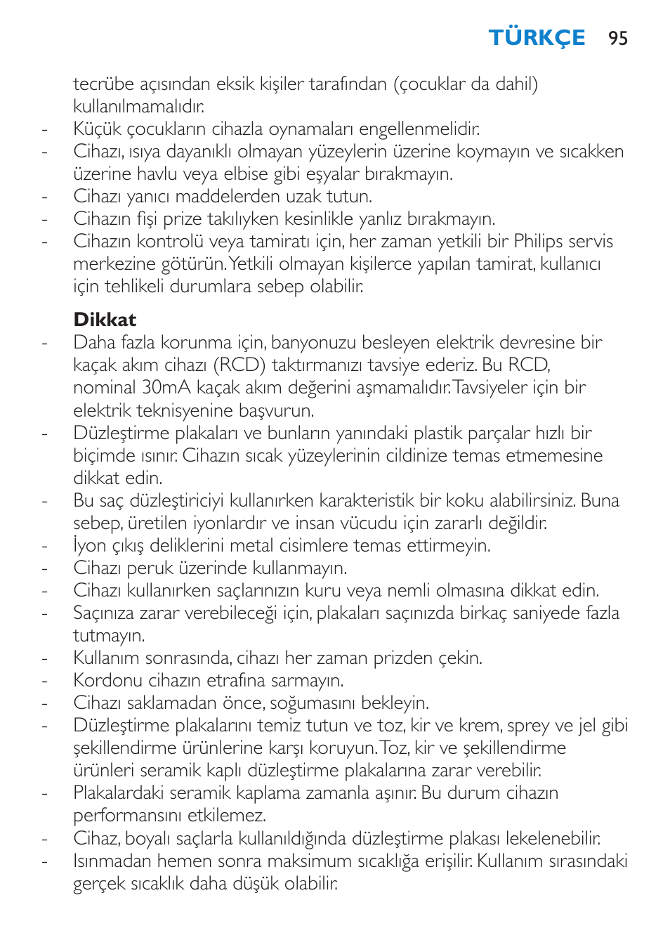 Dikkat | Philips Lisseur User Manual | Page 95 / 104