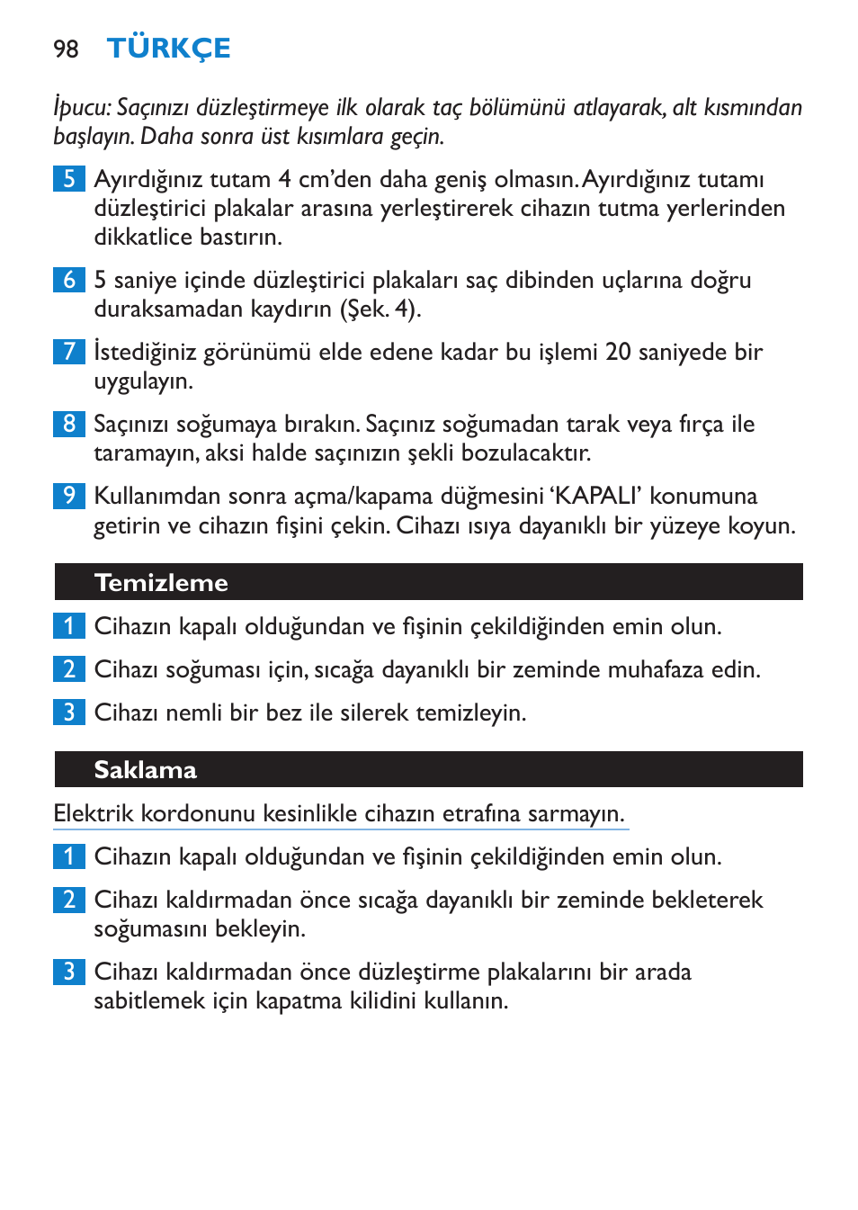 Temizleme, Saklama | Philips Lisseur User Manual | Page 98 / 104