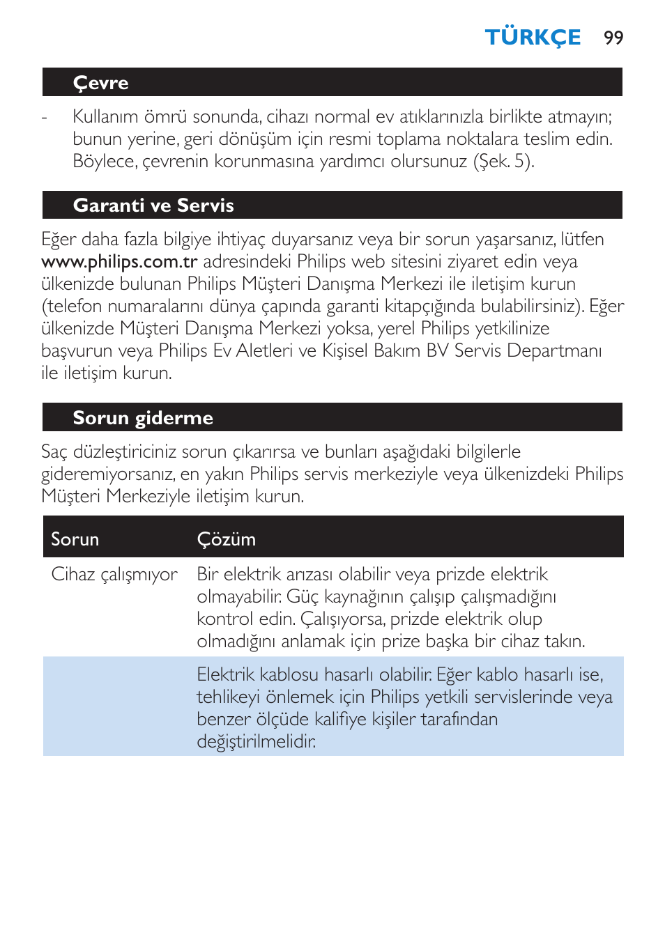 Çevre, Garanti ve servis, Sorun giderme | Philips Lisseur User Manual | Page 99 / 104