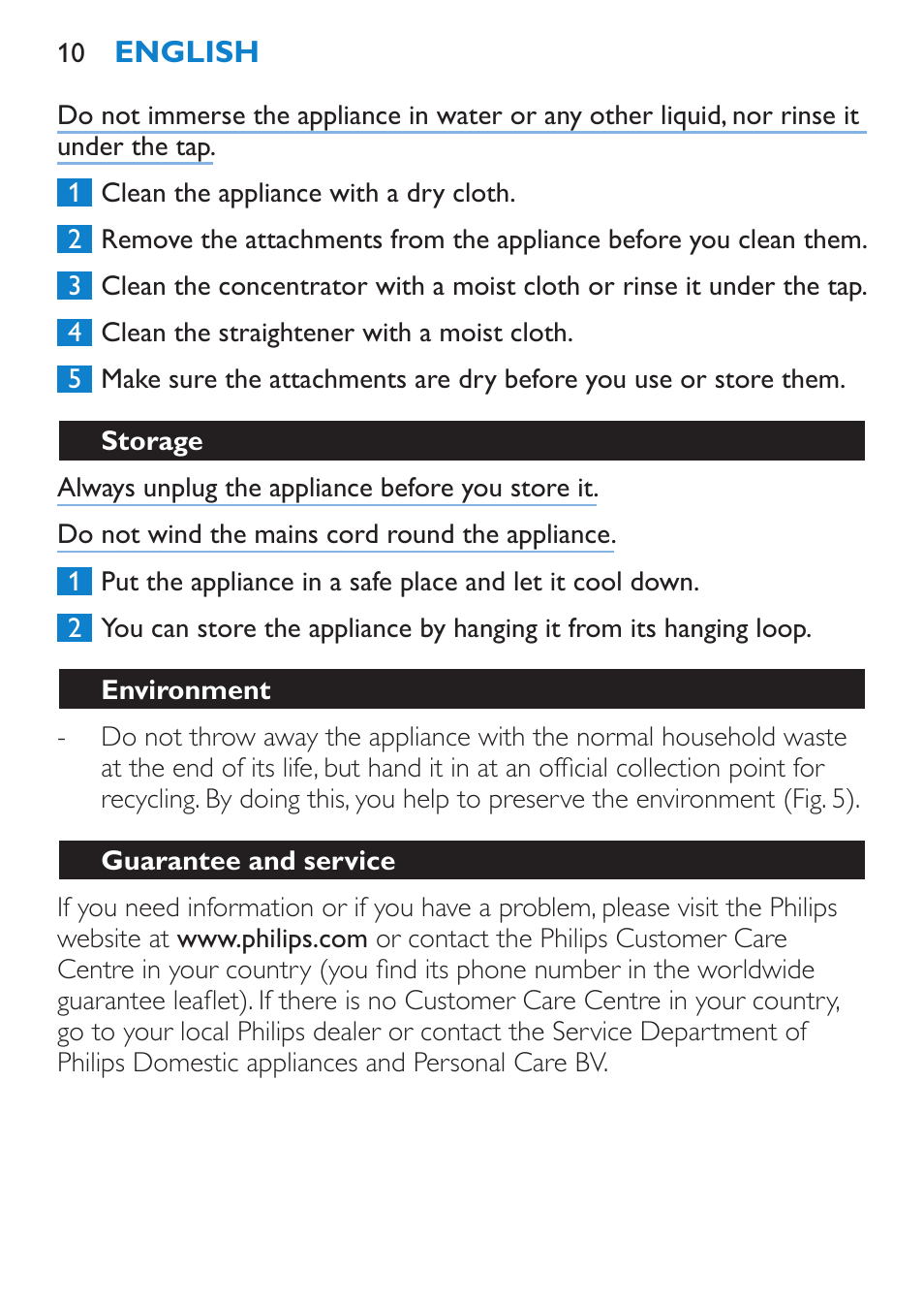 Storage, Environment, Guarantee and service | Philips SalonDry 'n Straight Sèche-cheveux User Manual | Page 10 / 104