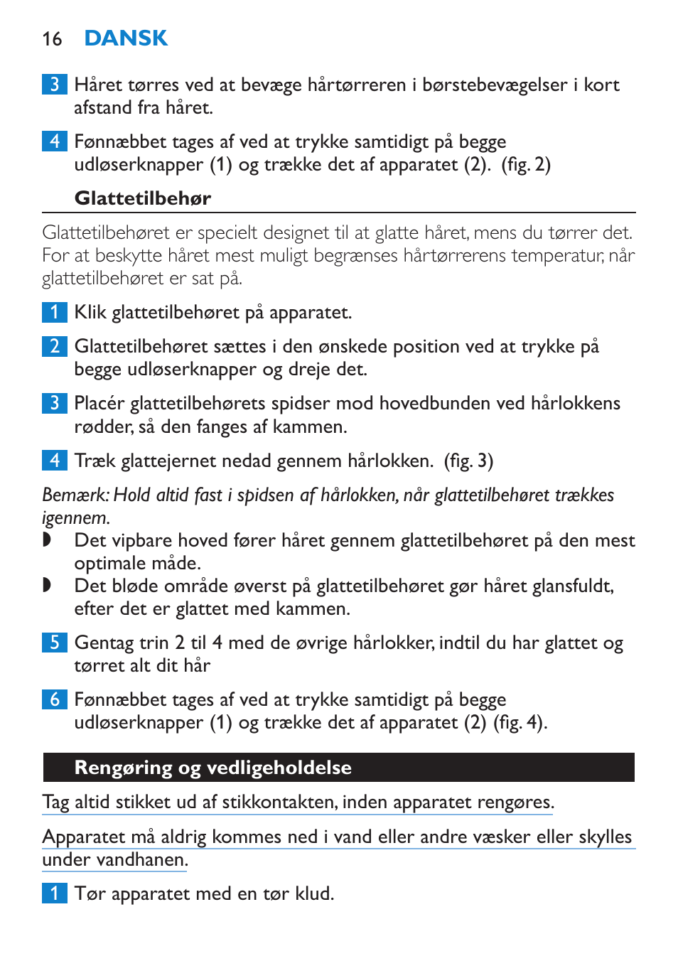 Glattetilbehør, Rengøring og vedligeholdelse | Philips SalonDry 'n Straight Sèche-cheveux User Manual | Page 16 / 104