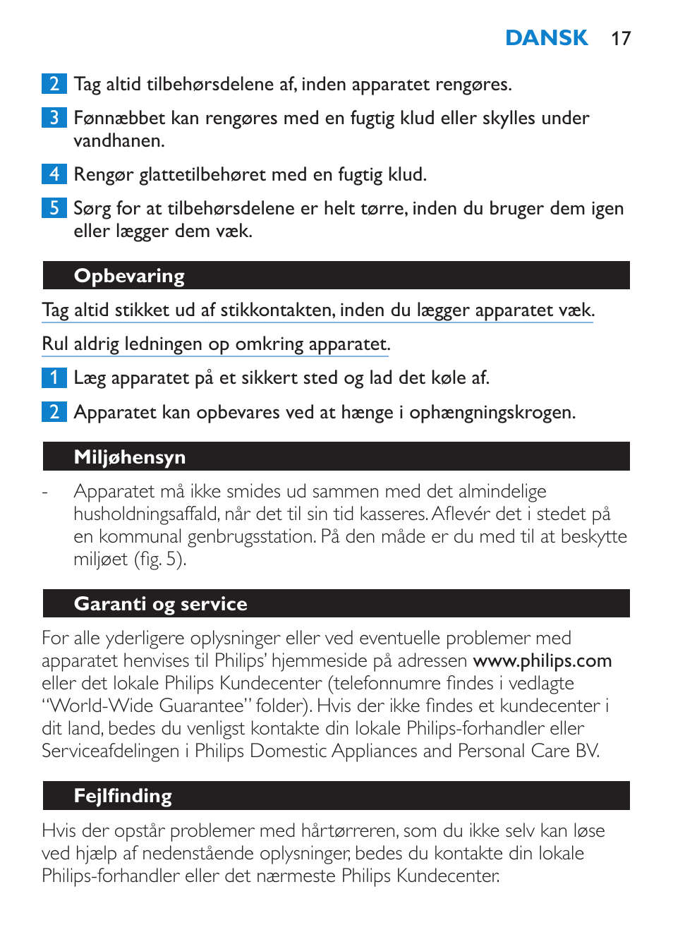 Opbevaring, Miljøhensyn, Garanti og service | Fejlfinding | Philips SalonDry 'n Straight Sèche-cheveux User Manual | Page 17 / 104